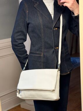 Talbots Minimalist Leather Foldover Crossbody Clutch White Gold (VGUC)